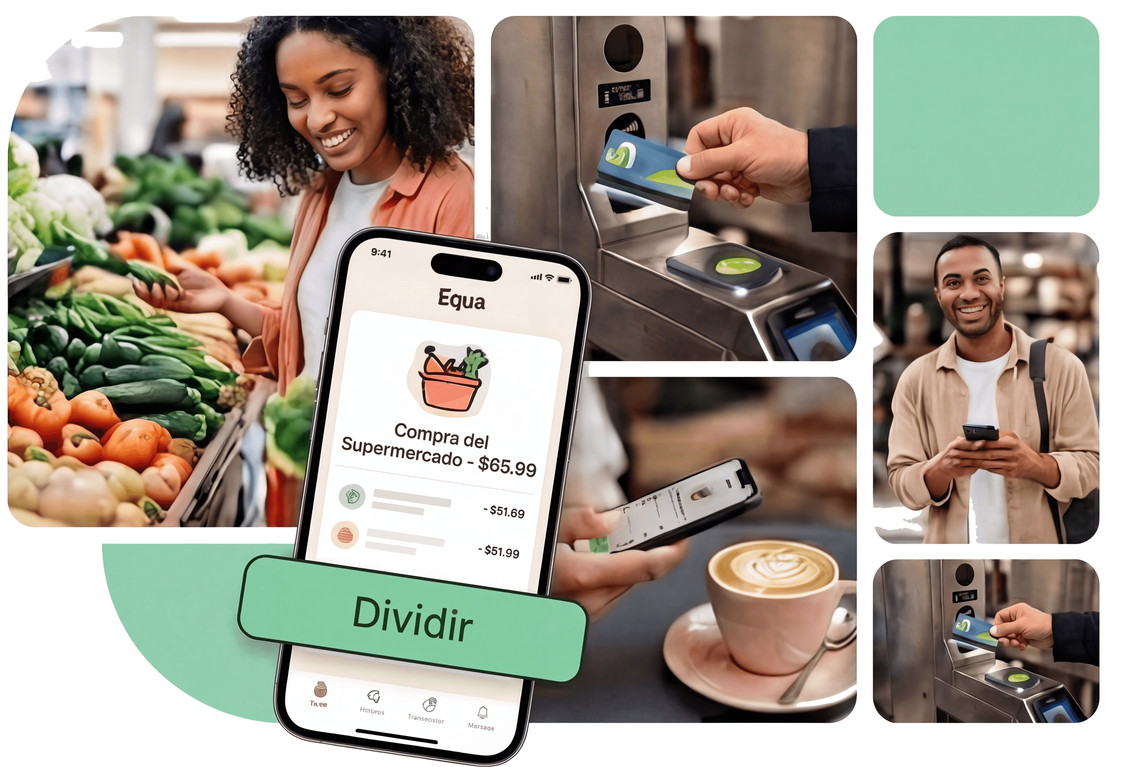 Collage de la app Equa mostrando compras en el súper, terminal de pago, interfaz de la app y personas usando el servicio